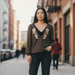 Embroidered V-Neck Blouse in Olive Brown top is a brown shimmer weave